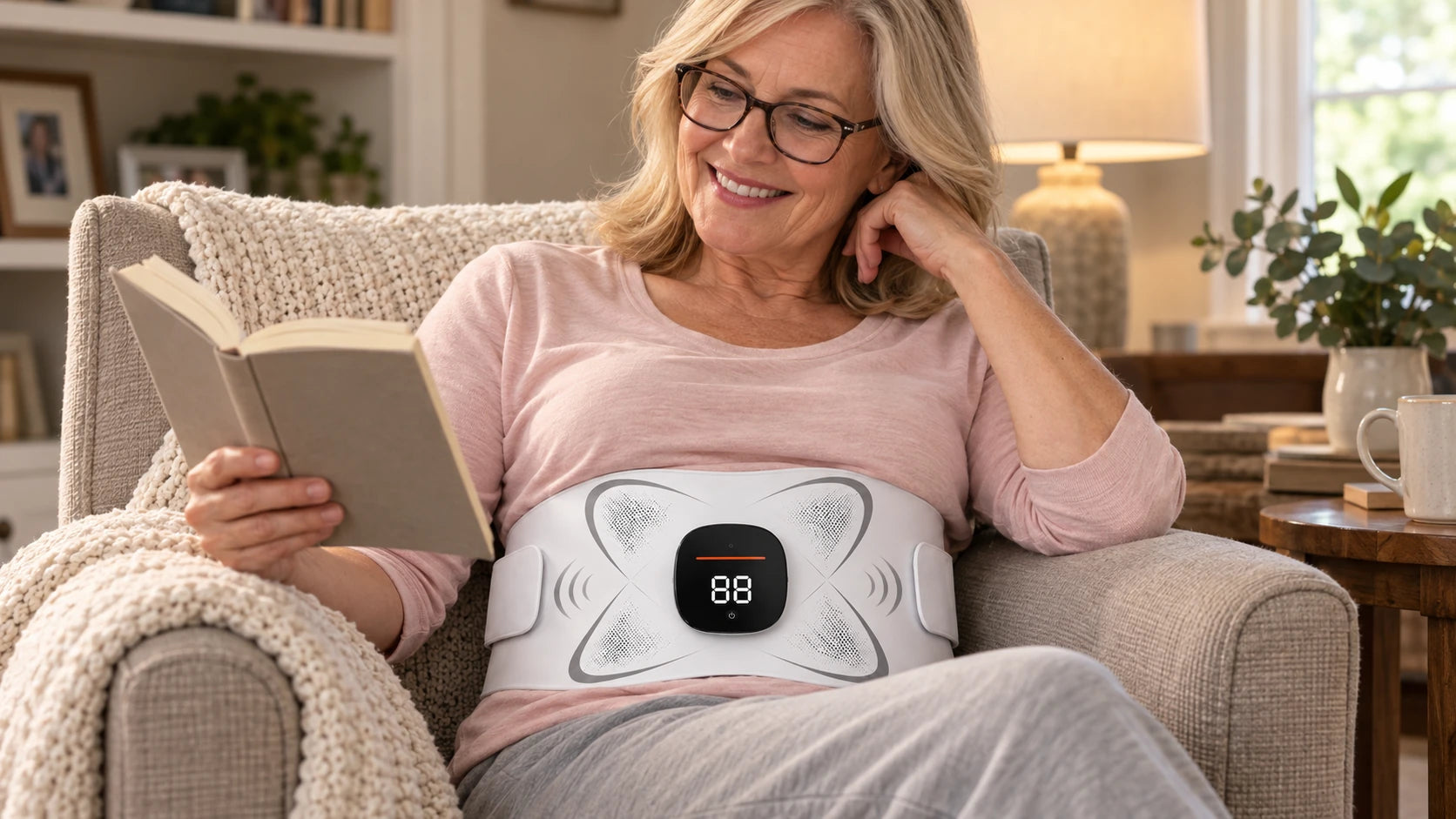 Older woman relaxing with a book while wearing a white Neuro Belt with front-facing control panel